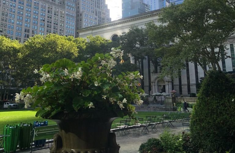 Flowers and chairs at Bryant Park, NYC